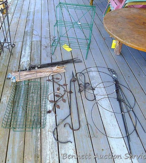Three tier plant shelf, folding peony support cages, windchime hooks, hanging plant holder, more.