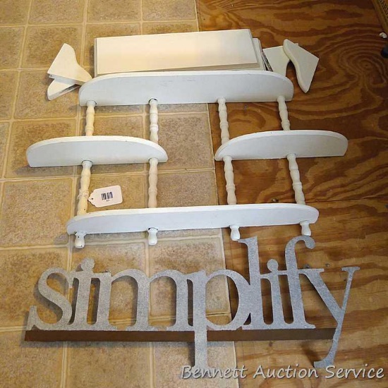 Wooden shelf unit is 27" x 15" x 4"; boards & brackets to make your own shelf; metal Simplify sign