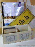 Desk organizer with photo frames in the front, includes three 2021 calendars, Come On In sign and
