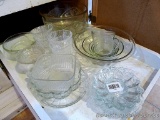 Clear glass mixing bowls, custard cups, serving pieces, relish tray, more. Largest bowl is 10