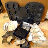 Wilton holiday cake pans including jack-o-lantern, Christmas tree, gingerbread and other holiday
