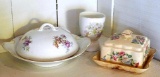Round covered butter/cheese dish stamped Austria, egg holder and square covered butter dish stamped