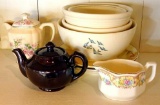 Single serving teapot, 2 creamers and creamer with lid is stamped Crooksville China Co. 533, 3 Royal