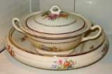 Large shallow bowl stamped Abingdon U.S.A., Tureen stamped Crooksville China Co.; large bowl