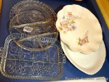 Glass cake plate, relish dishes and 2 platters with one stamped Pope Gosser Co.; oval platter