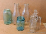 Ball strong shoulder quart jar, Ball pint jar, 2 - 1 quart milk bottles with one marked 