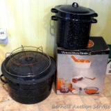 Victorio Multi-Strainer No. 210, enamel canner and small enamel steamer/stock pot; canner measures