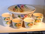 Berry or dessert serving bowl and cups all by Harker HotOven Chinaware. Large bowl is 10