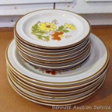 Vintage stoneware plates with a daisy pattern includes seven dinner plates and nine salad or dessert