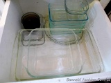 Nice assortment of glass baking pans including 9x13, 8x8, loaf pans, pie plate, more.