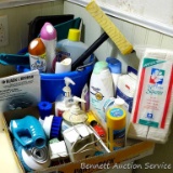 Bathroom supplies including cleaning bucket, dust pans, q-tips, soap dispenser, body wash, more.