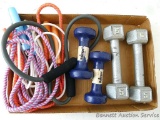Set of 3# weights; set of 5# weights; rubber band exerciser; two 88