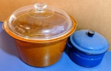 Cute little blue enameled pot with lid; stoneware slow cooker crock is in very good shape, 12