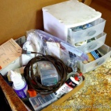 Household items including organizer drawer with tacks, floral wire, felt pads, more; Also a couple