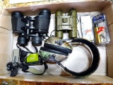 Two pair of Tasco binoculars; Radians shooting muffs; two Flint River powder measures are new in