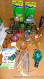 Yard & garden decorations including bird feeders, hummingbird feeder, wind chimes, 12
