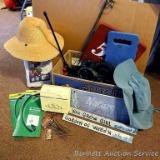Gardening tools including extendable coiled hose, hats, kneeling pad, watering wand, plant stakes,