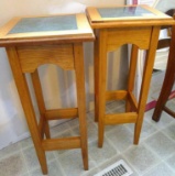 Pair of wooden stools with tile insert in seat. Stools are 27