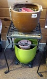 Very springy colored collection of ceramic flower pots, plus a 20