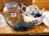Glass canister; remote control rat, hopefully just needs batteries; Teleflora teapot/planter; other