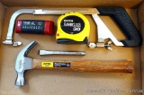 Stanley tools including 30' LeverLock tape, light duty hammer, hack saw frame; Craftsman chisel,