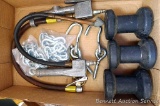 Two Milton service station type air chucks with gauges; boat trailer rollers are 4