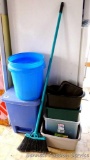 Garbage cans, 5 gallon bucket, small wastebaskets, broom.