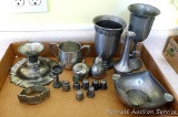 Pewter pieces including Royal Holland Pewter ash tray; apple & pear salt & pepper shakers; goblet