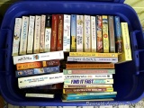 73 quart tote filled with assorted paperback novels. Authors include LaVyrle Spencer, Robyn Carr,