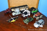 Nice bunch of part metal vehicles includes car transport semi; flat bed semi; Bobcat (missing