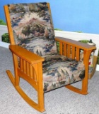 Beautiful large upholstered wooden frame rocking chair made in Jefferson, Wisconsin is 31