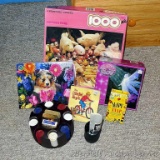 Jigsaw puzzles up to 1000 pcs.; Work Yahtzee; I Spy and set of poker chips in a lazy Susan