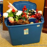 Rubbermaid 36 gallon tote filled with silk flowers, grapevine wreath, tins and more; tote measures
