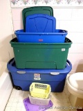 Sterilite 45 gallon tote with wheels; Cornerstone 34 gallon tote; Rubbermaid 36 gallon tote. All