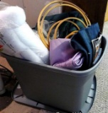 Sterilite 18 gallon tote with lid contains batting; table cloths; wooden embroidery hoops up to 15