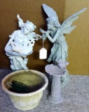 Three garden statues and planter; tallest fairy statue measures 11-1/2