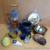 Enamel coffee pot, small copper bowl with handles, decorative jars and vase, decorative bird nest