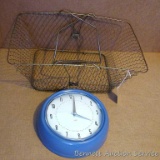 Cute wire basket and battery operated wall clock; basket measures 18