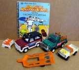 Golden book of Buck Rogers and the Children of Hopetown, Tonka rescue truck and 2 Tootsie Toy trucks