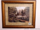 Nicely framed print of a cottage and surrounding gardens, measures approx. 20