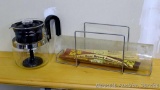 Gemco stovetop coffee percolator is complete; Pyrex Bake-A-Round bread baker with holder.