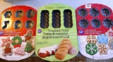 Two 12 cavity cookie shapes pans; 6 cavity doughnut twist pan.