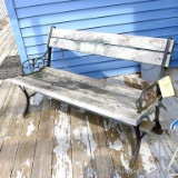 Nice bench has cast iron ends and is still pretty sturdy. Measures approx 4' x 2' x 29