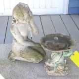 Concrete lady yard decoration and a frog bird bath. Bird bath has some chips and cracks as pictured;