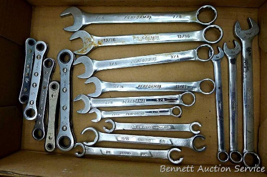 Five SAE ratcheting wrenches; 9 SAE open/box end wrenches, largest is 7/8"; 3 Power Torque wrenches.