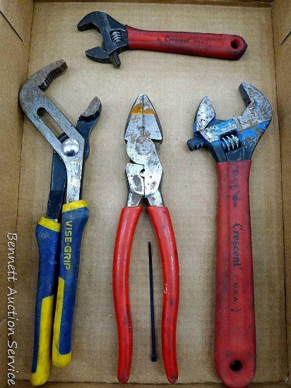 Vise Grip 10" slip joint pliers; Crescent 10" adjustable wrench; Crescent 6" adjustable wrench;