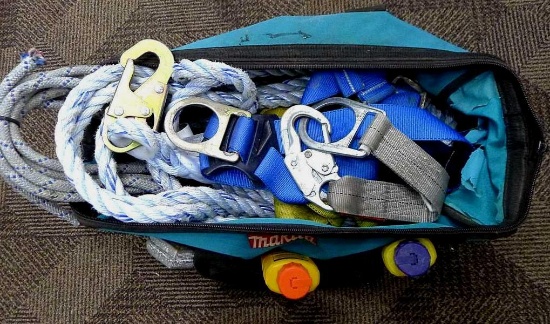 Makita tool bag is 20" x 9" x 9". Comes with Irwin blue & orange chalk; chalk reel and parts for a