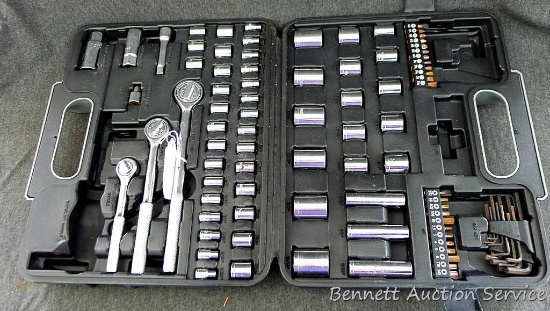 Ratchet/socket set has 1/4", 3/8" & 1/2" drive ratchets, SAE & metric sockets, screw driver tips,