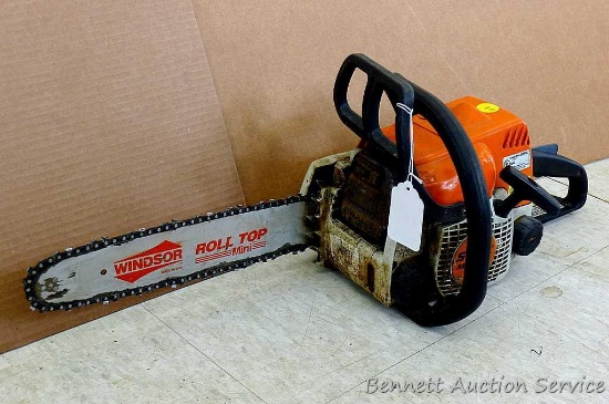 Stihl MS 180 C chainsaw with 12" bar. Runs. Top of casing has a crack noted.