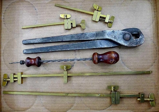 Two pair delightful brass clamps, longer approx. 12" and shorter 5"; Archimedes hand driven drill 9"